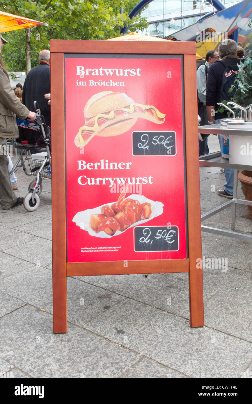 Summer in the City 2012 - a Bratwurst and Currywurst sign at Breitscheidplatz, Berlin. Stock Photo
