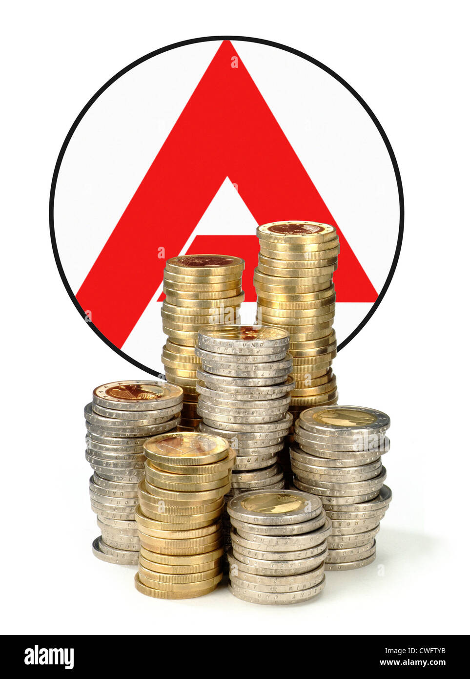 Hamburg, stacking coins in front of the logo of the Federal Employment Agency Stock Photo
