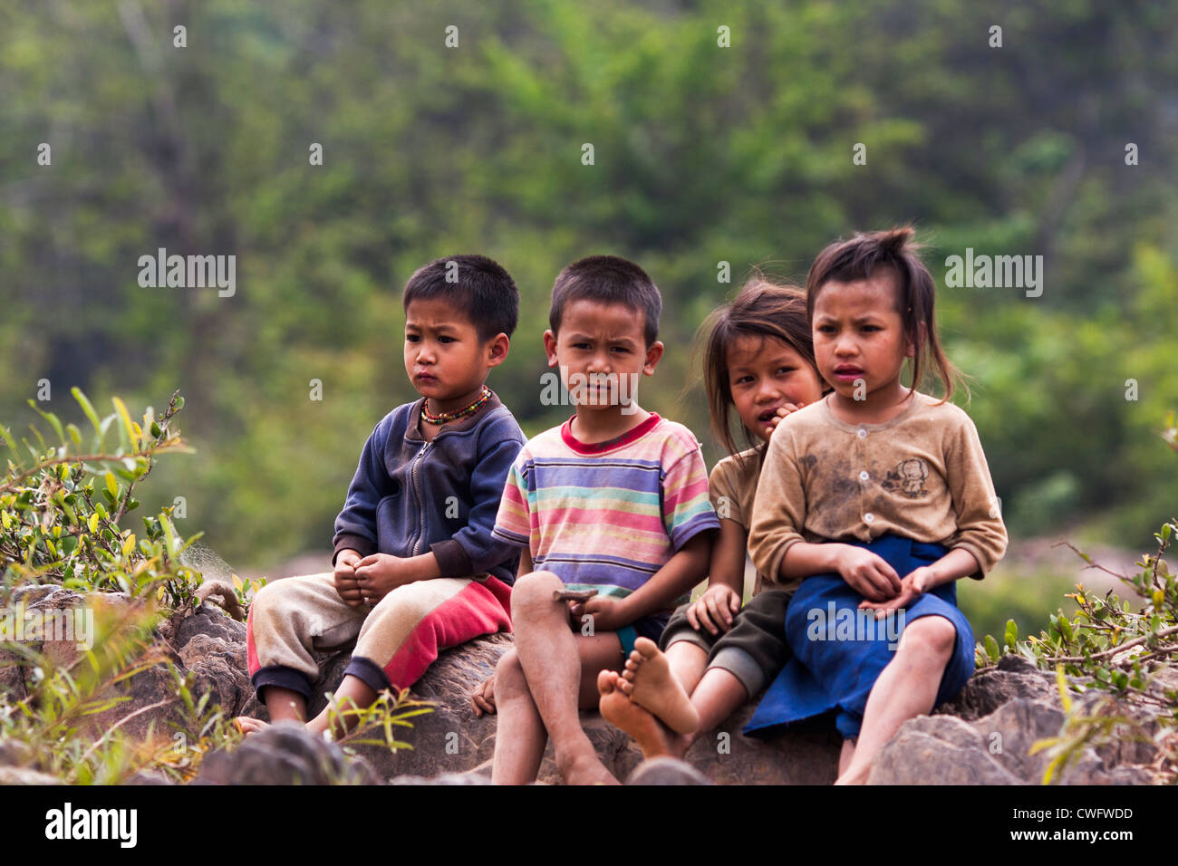 Four kids waiting in the nature in north Laos Stock Photo
