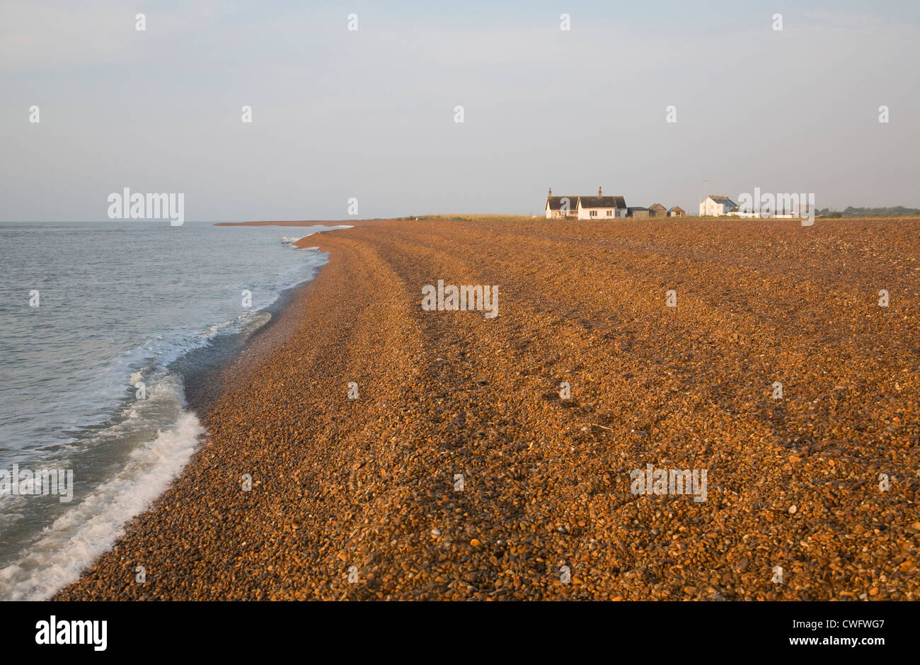 Seaside beach bungalow Shingle Street Suffolk England Stock Photo