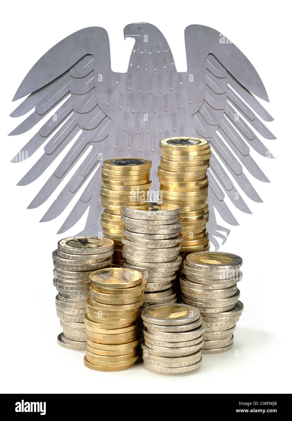 Hamburg, stacking coins in front of the federal eagle Stock Photo