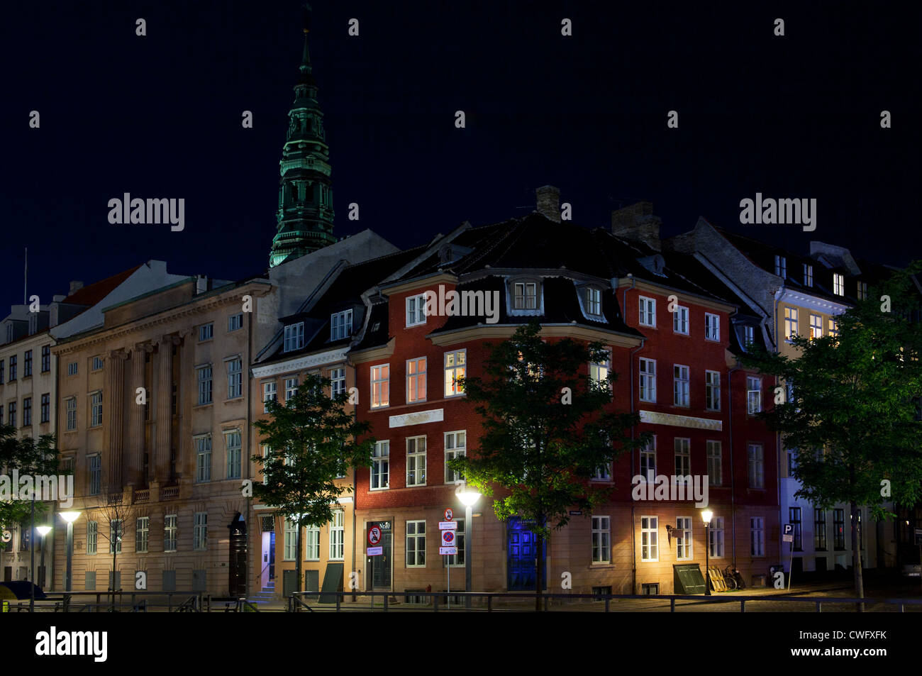 Old buildings in Copenhagen city center. Gammel Strand by night. Stock Photo