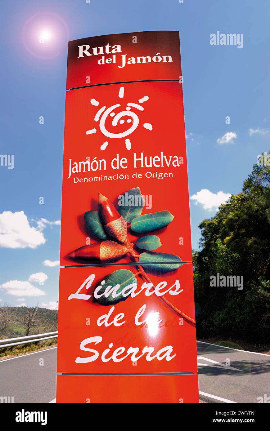 Spain, Andalusia: Signal of the ham route 'Ruta del Jamon' in Huelva Stock Photo