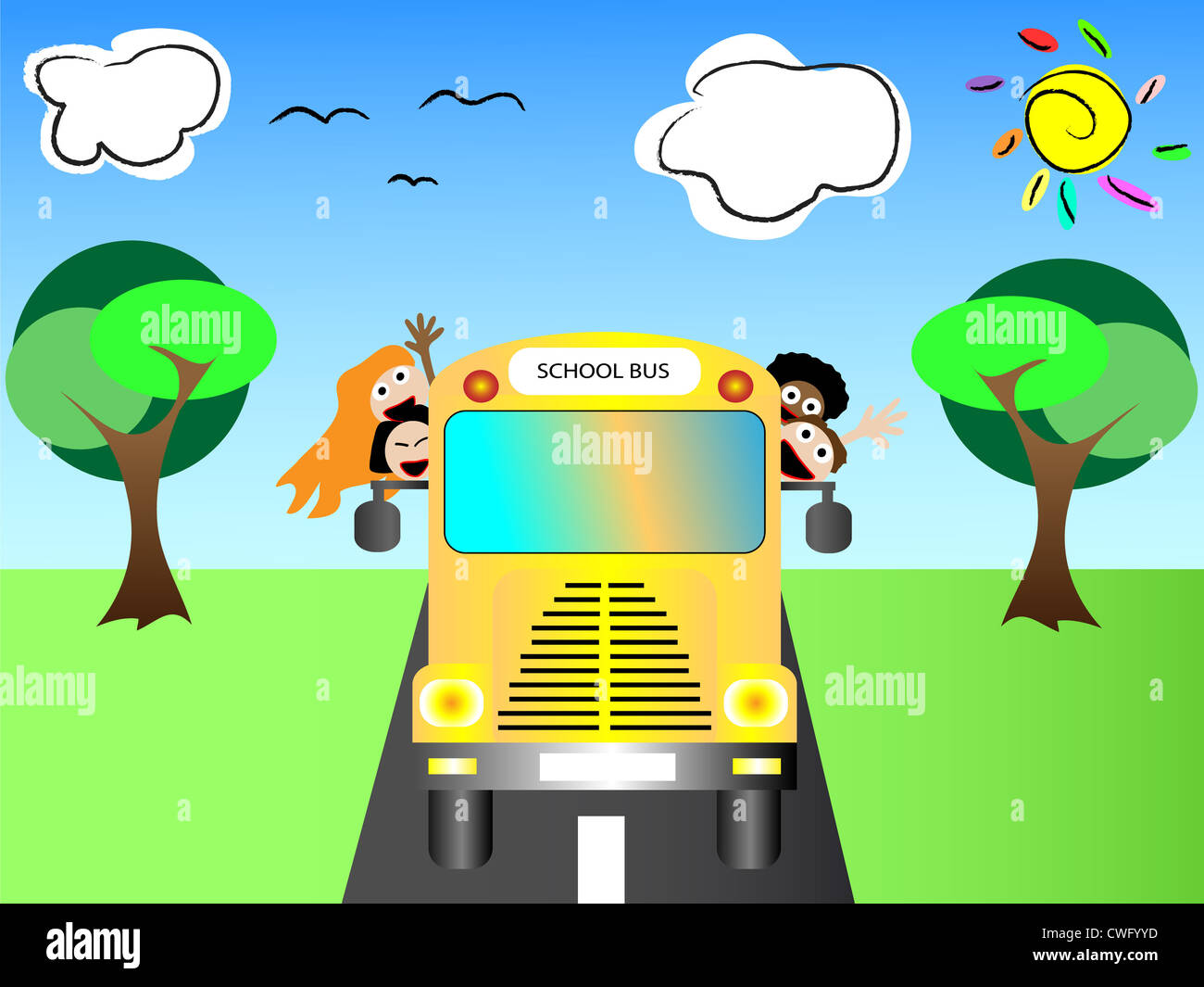 School bus with happy children back to school vector illustration Stock ...