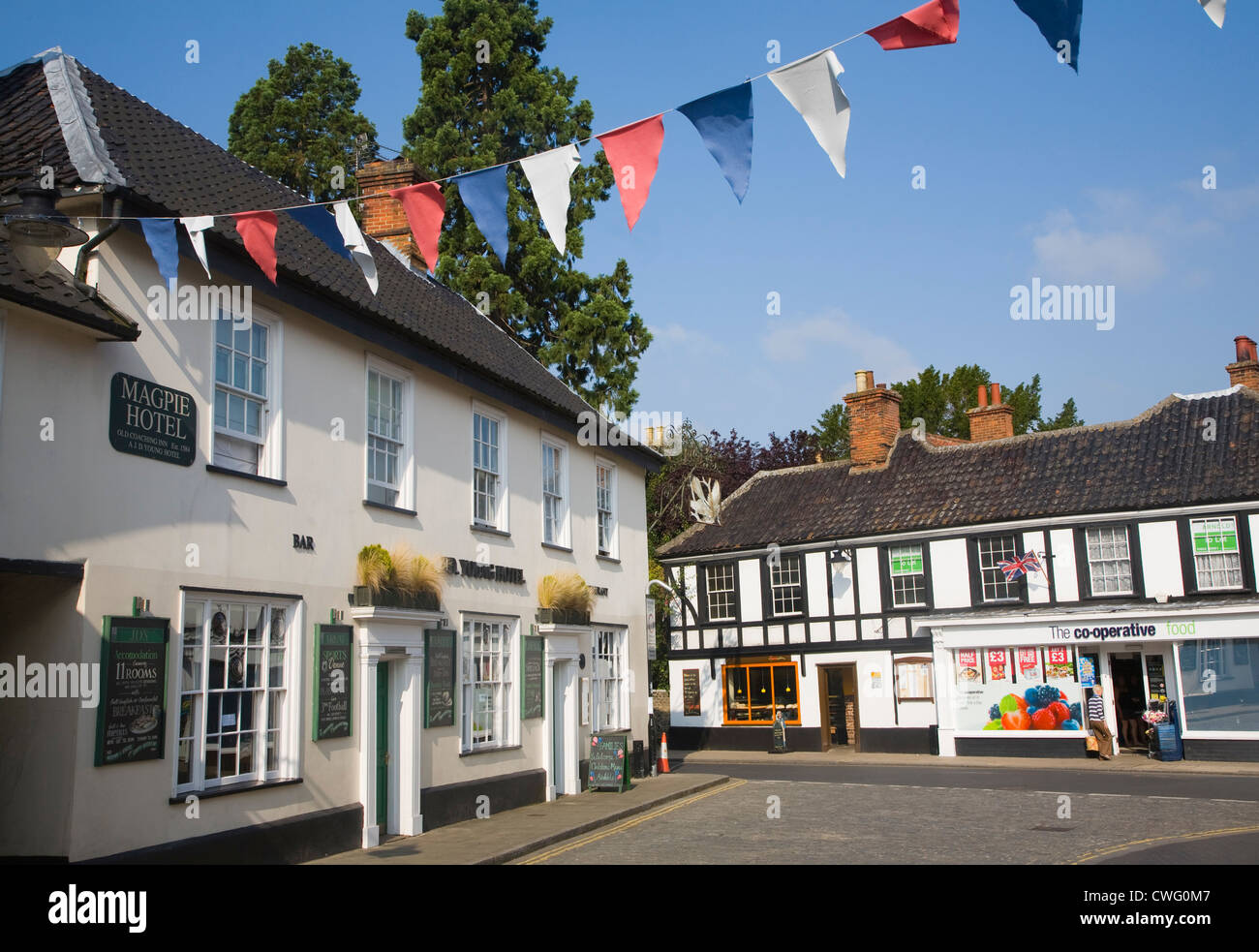 Magpie hotel and shops in the market square Harleston Norfolk England Stock Photo