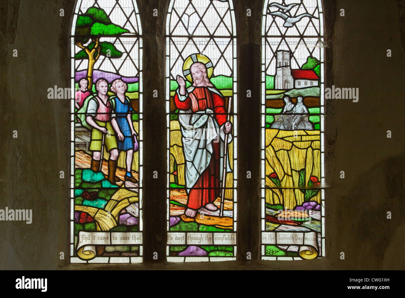 The Ramblers Window inside All Saints' Church or the Ramblers Church in Walesby in the Lincolnshire Wolds AONB, England Stock Photo