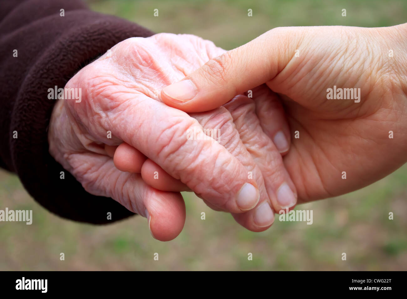 Senior Lady and Young Woman Holding Hands Outside Stock Photo - Alamy