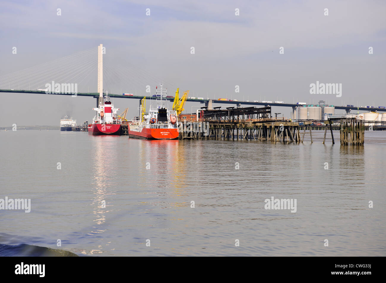 Ships offloading,Oil Storage Depot,in front of Queen Elizabeth Bridge,West Thurrock,Thames River