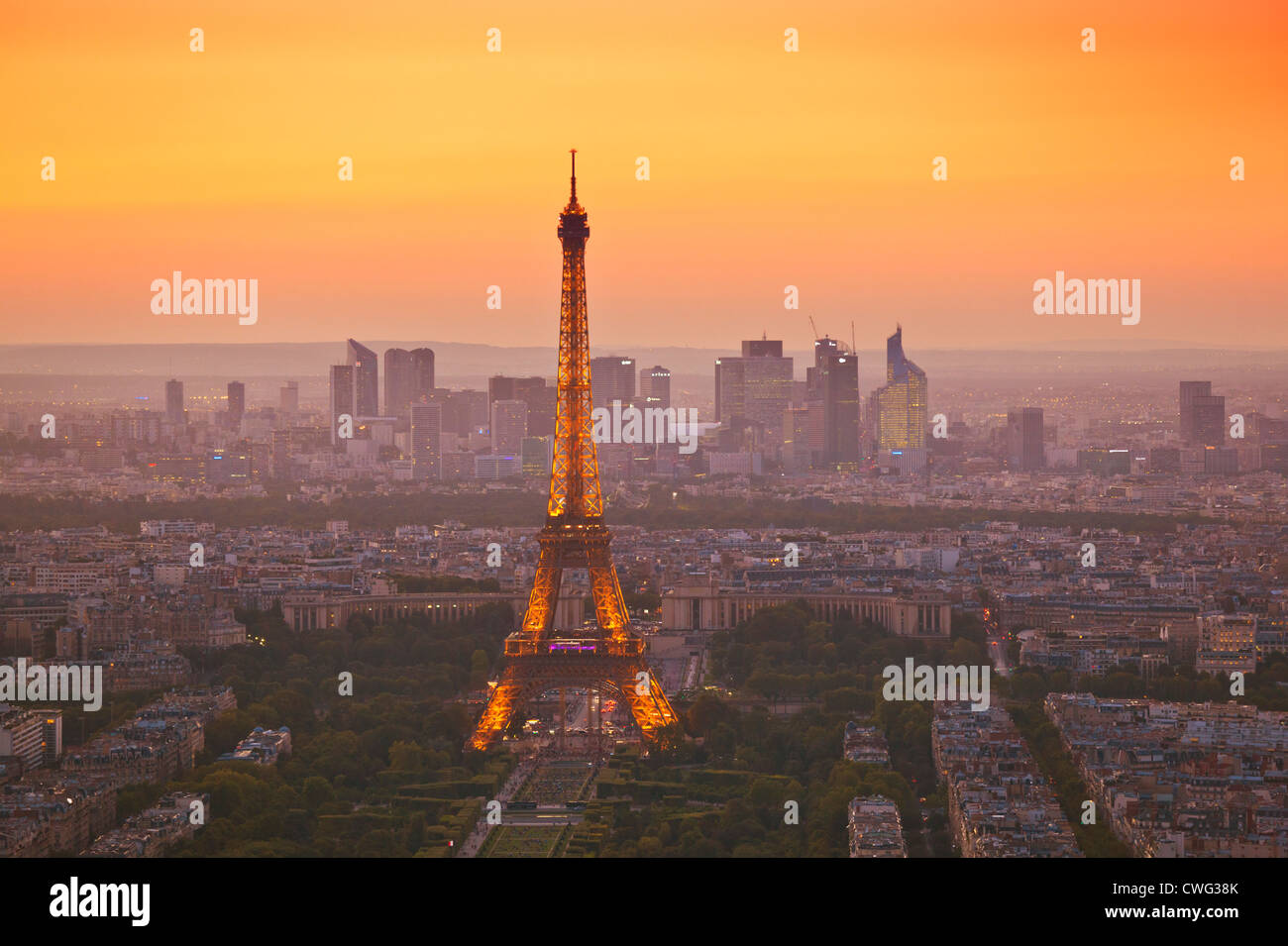 Paris skyline at sunset showing the Eiffel tower and surrounding areas Paris France EU Europe Stock Photo