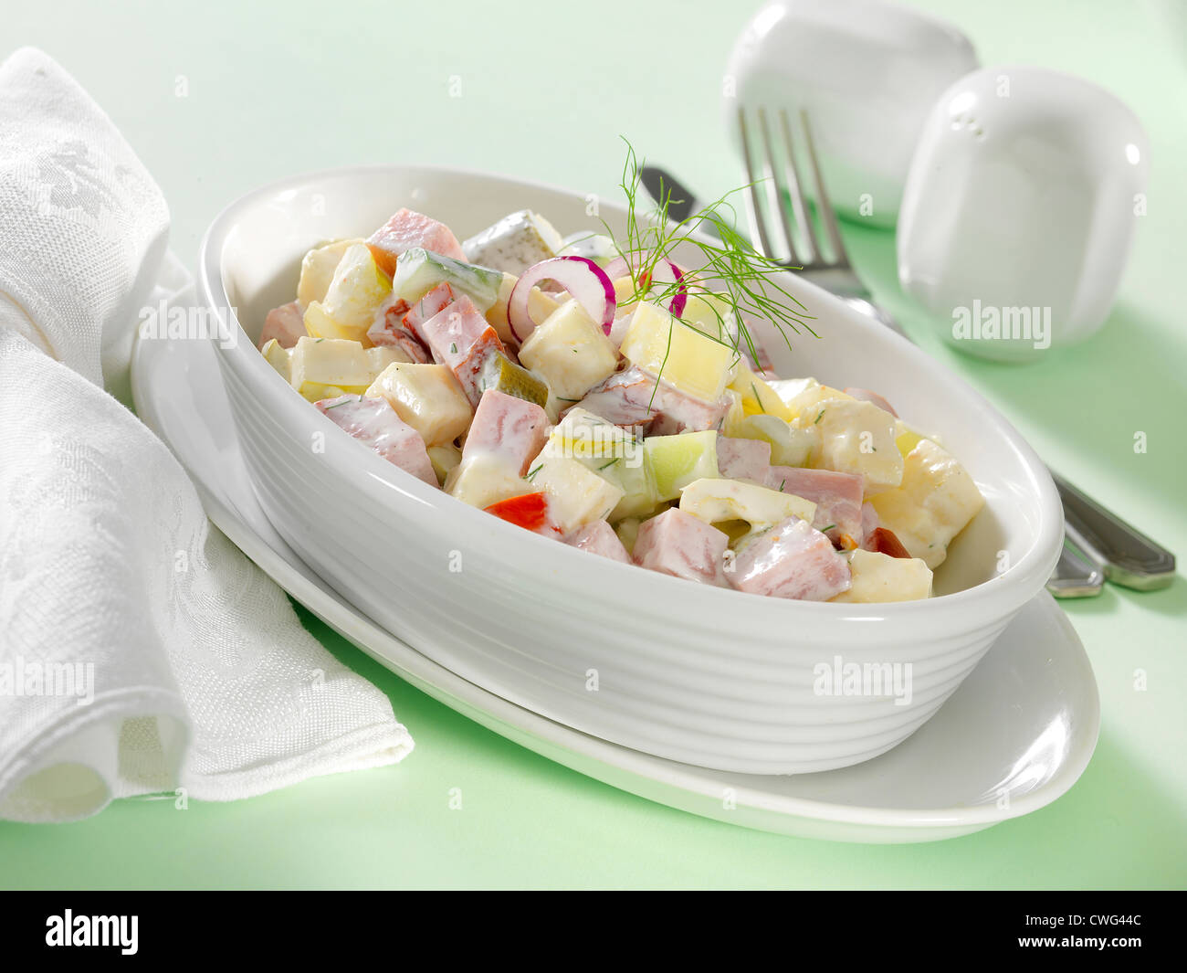 cheese salad in white plate on light background Stock Photo