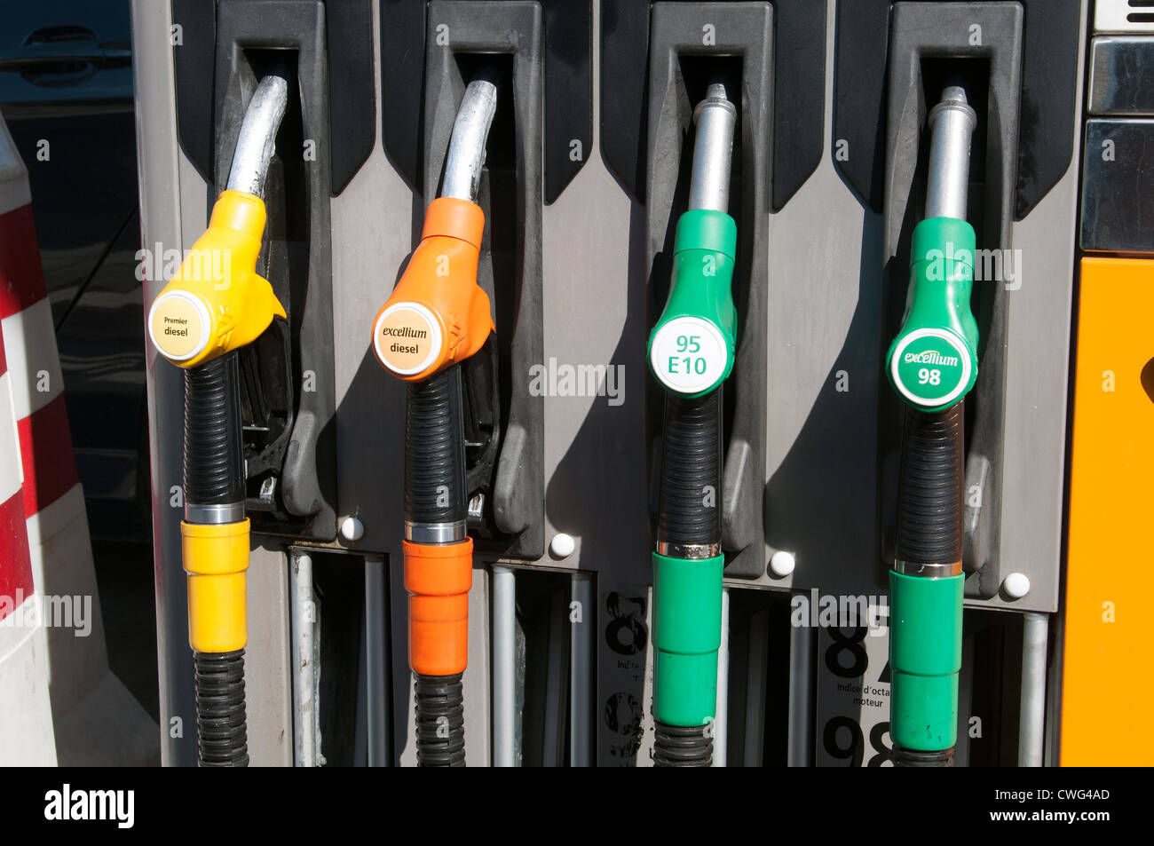 Selection of fuels at a filling station self service fuel pumps Stock Photo