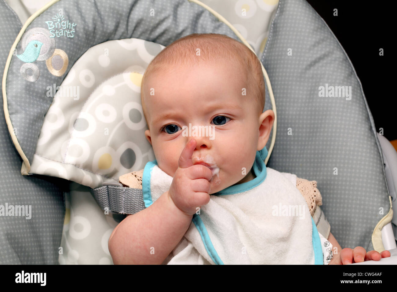 A 6 month old baby girl sucks her thumb after eating Stock Photo