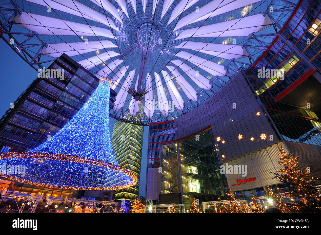 Christmas time at Sony Center. Christmas market with fairy lights, Sony Center, Potsdamer Platz, Berlin, Germany, Europe Stock Photo