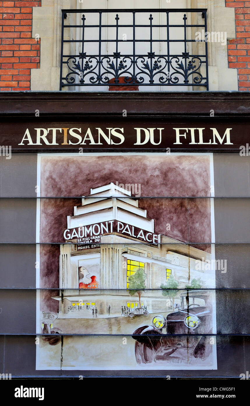 Paris, France. Painted metal shop shutters in Rue Cavalotti (18th Arr) Artisans du Film Stock Photo