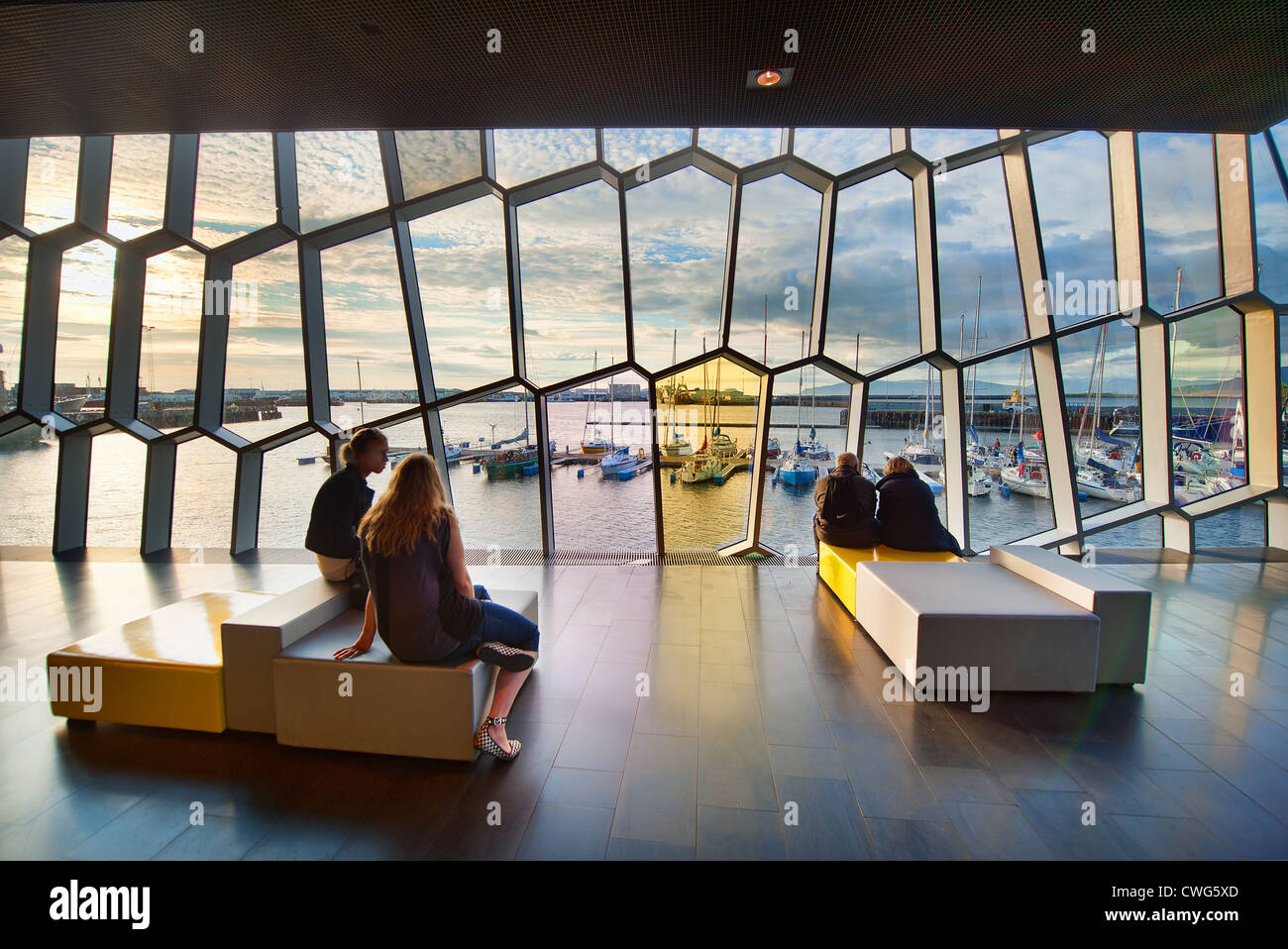 Looking out over the harbour from the Harpa Concert & Conference Center, Reykjavík, Iceland Stock Photo