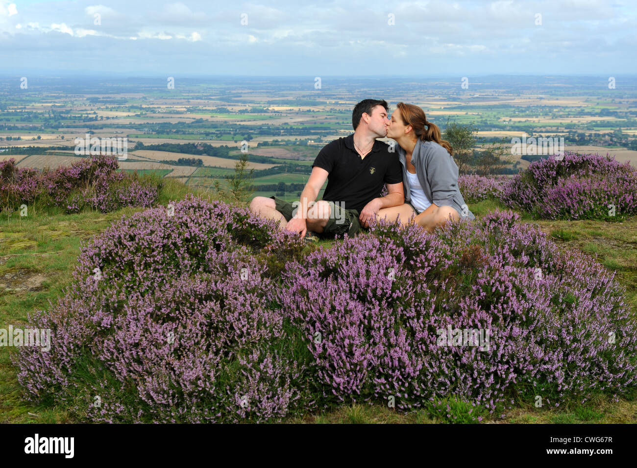 Kissing couple sitting by the heather on Wrekin Hill in Shropshire England Uk Stock Photo