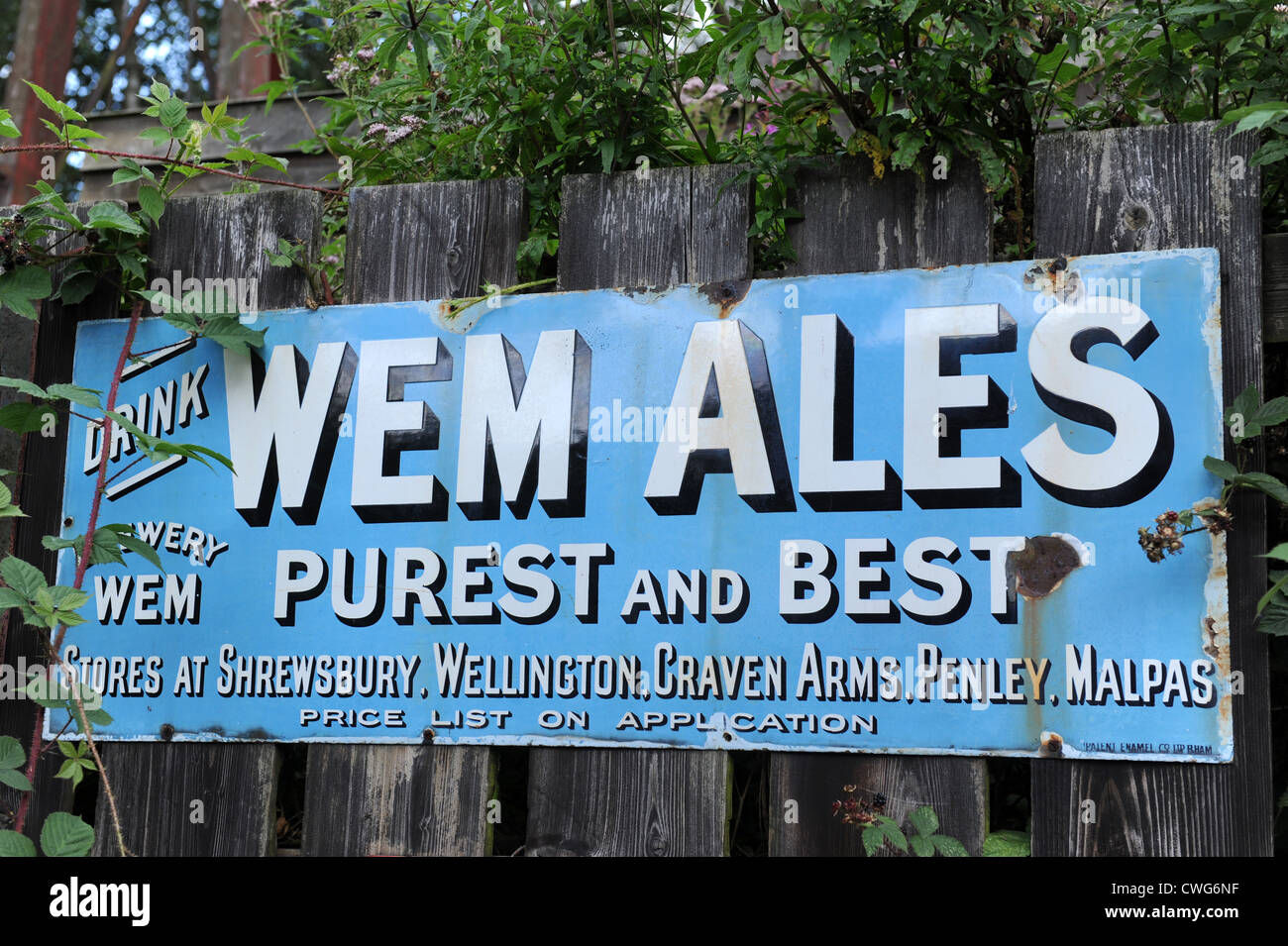 Enamel Wem Ales advert at Blists Victorian Town Museum near Ironbridge Shropshire Uk Stock Photo