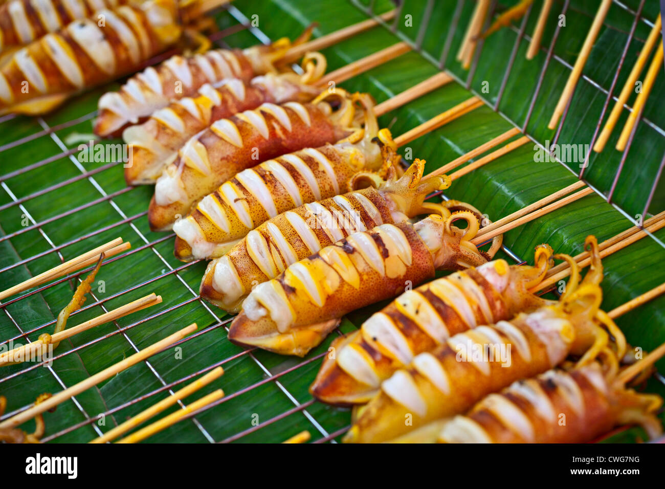 Grilled squids sold on the street asian market Stock Photo
