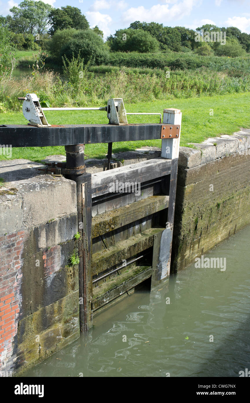 Canal lock gate fully opened and recessed flush with the lock wall