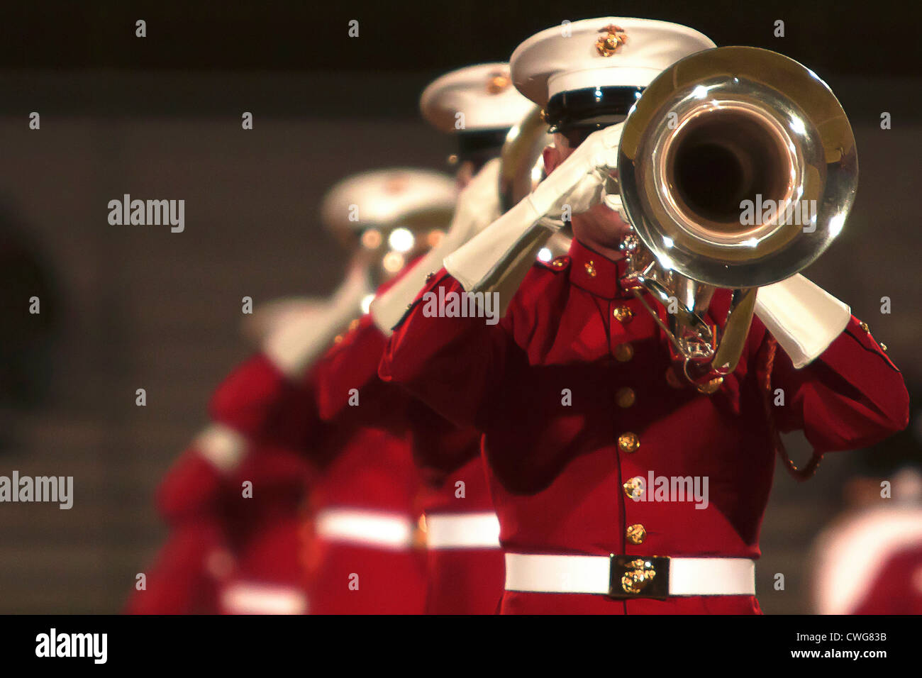 US Marine Drum and Bugle Corps Marines perform during a Battle Color Detachment ceremony at Kofa High School, Yuma, AZ March 1, 2012. Stock Photo