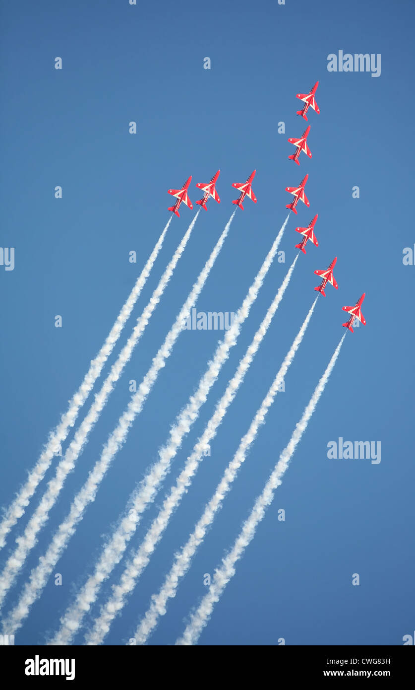 The Royal Air Force's Red Arrows aerial display team in action at Lowestoft, Suffolk, England, In July 2008 Stock Photo