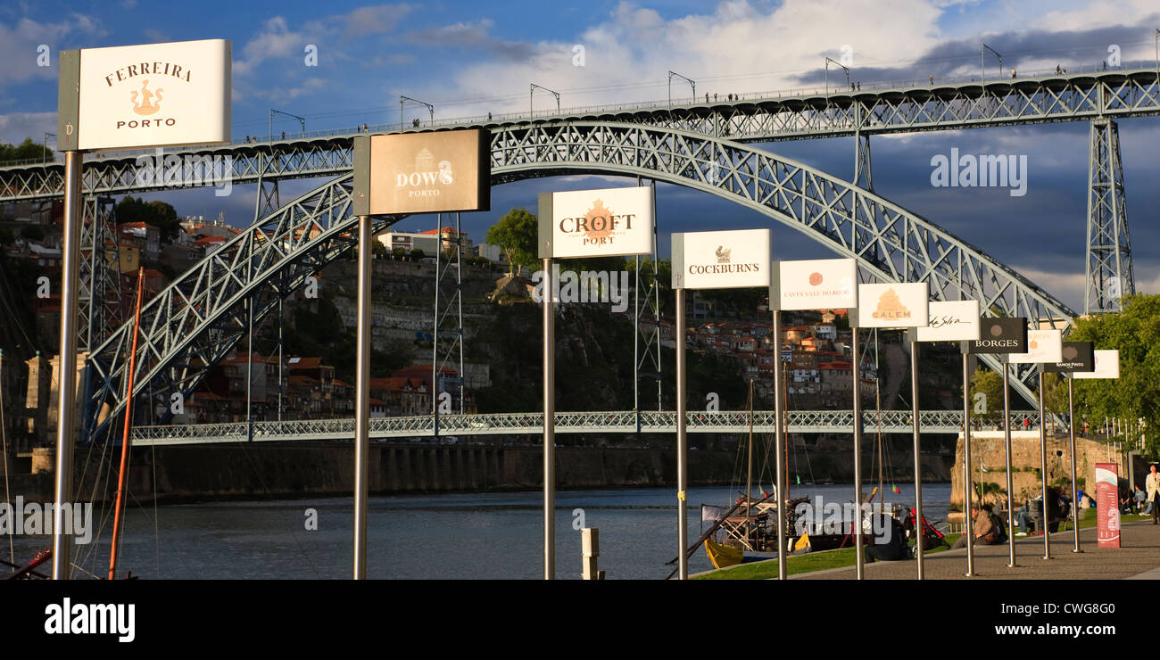 Port Vintners Flags Ponte Dom Luis1 Bridge over Rio Douro Ribeira Porto Portugal Stock Photo