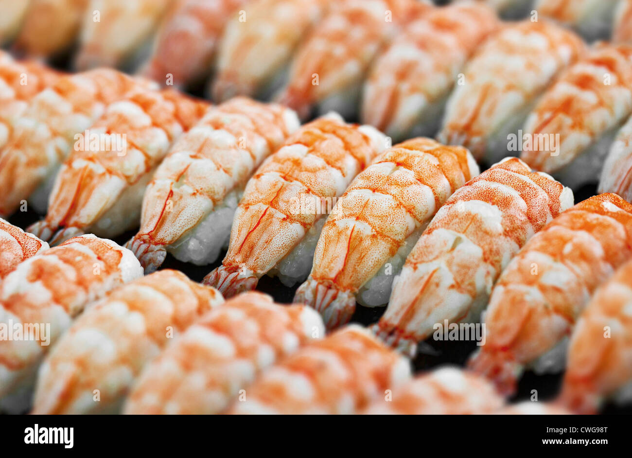 Japanese cuisine, shrimp sushi on tray Stock Photo