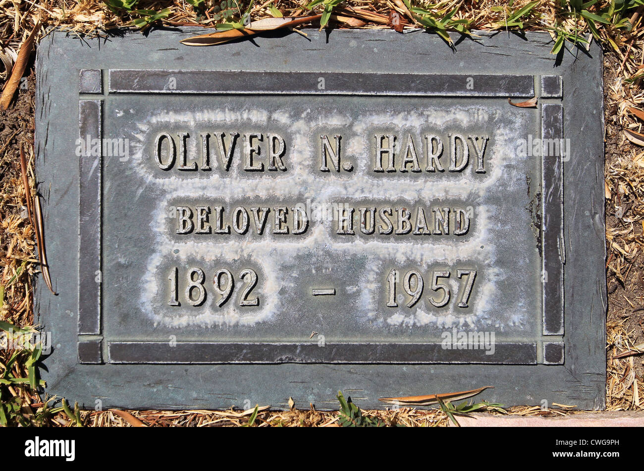 The final resting place of Oliver Hardy and memorial plaque. Stock Photo
