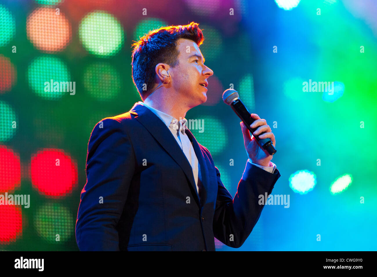 Singer Rick Astley performing on stage at the Rewind Festival Henley on Thames 2012. PER0265 Stock Photo