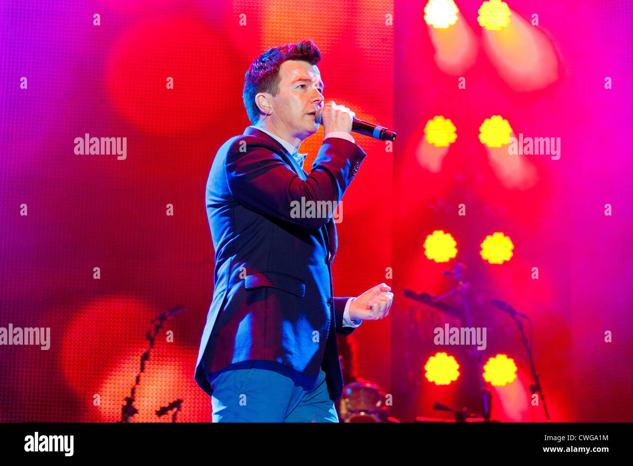 Singer Rick Astley performing on stage at the Rewind Festival Henley on Thames 2012. PER0266 Stock Photo