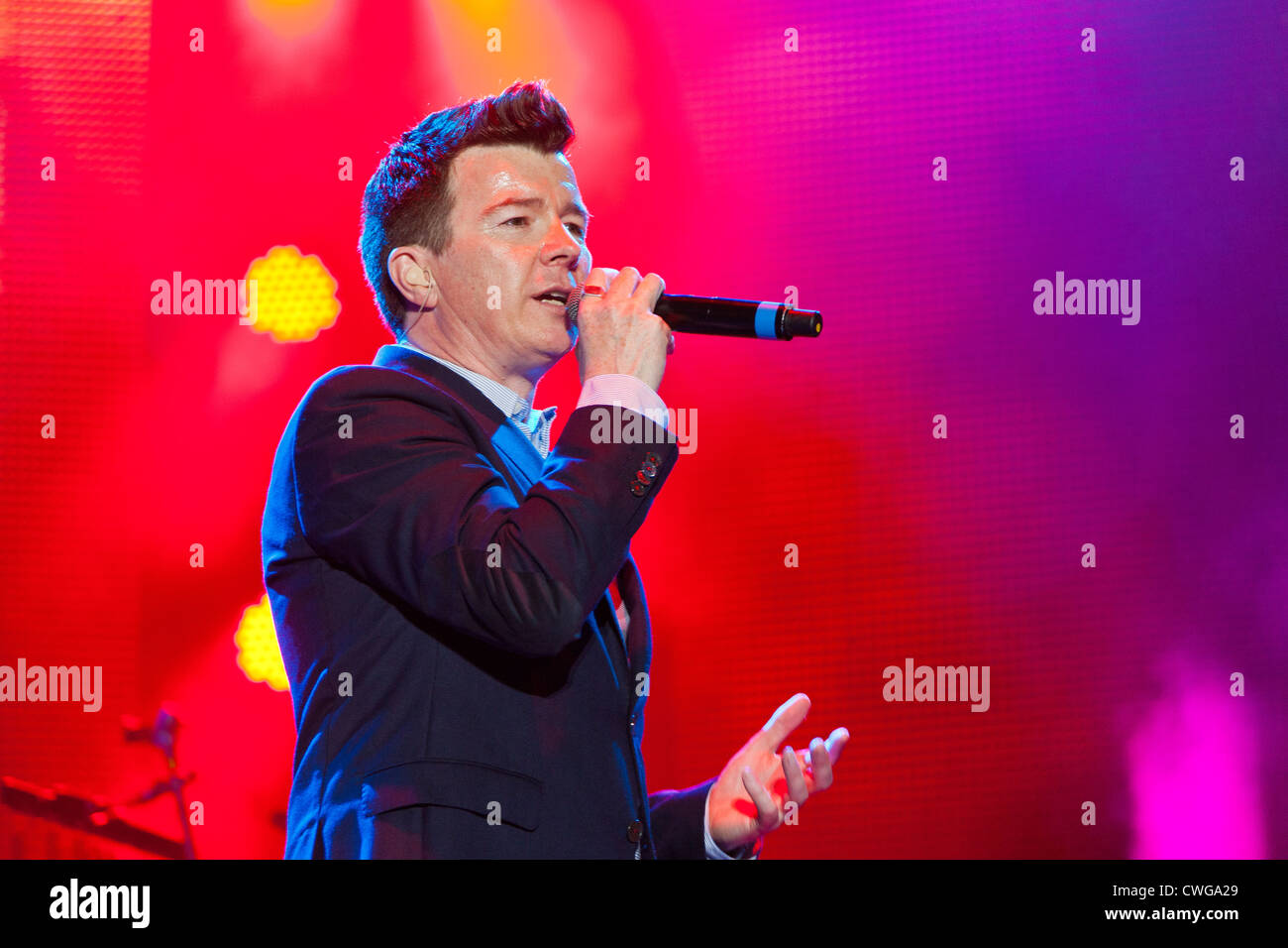 Singer Rick Astley performing on stage at the Rewind Festival Henley on Thames 2012. PER0267 Stock Photo