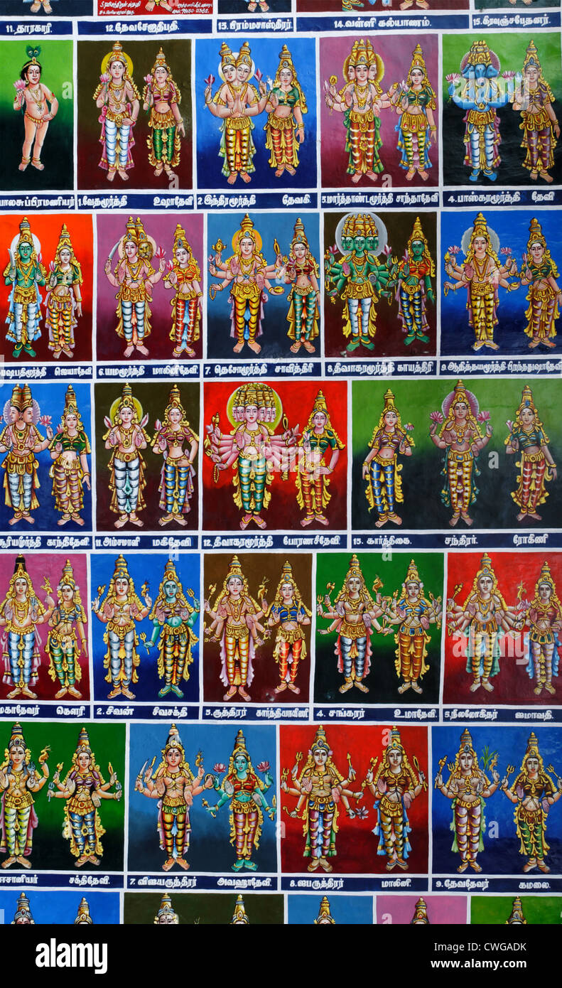 Paintings from Indian mythology on the wall of the Meenakshi temple in Madurai India Stock Photo