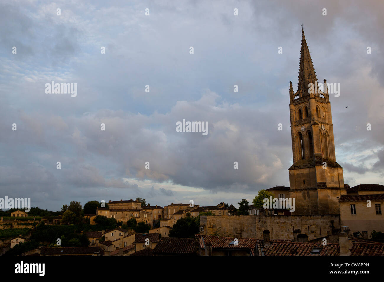 The Saint Emilion Monolithic Church taken from a lookout point in Saint Emilion, Southern France Stock Photo