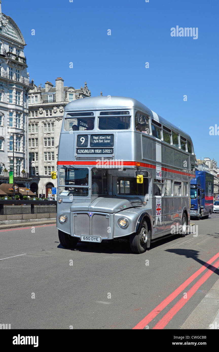 London Routemaster bus painted silver and operated by First group running on route nine Stock Photo