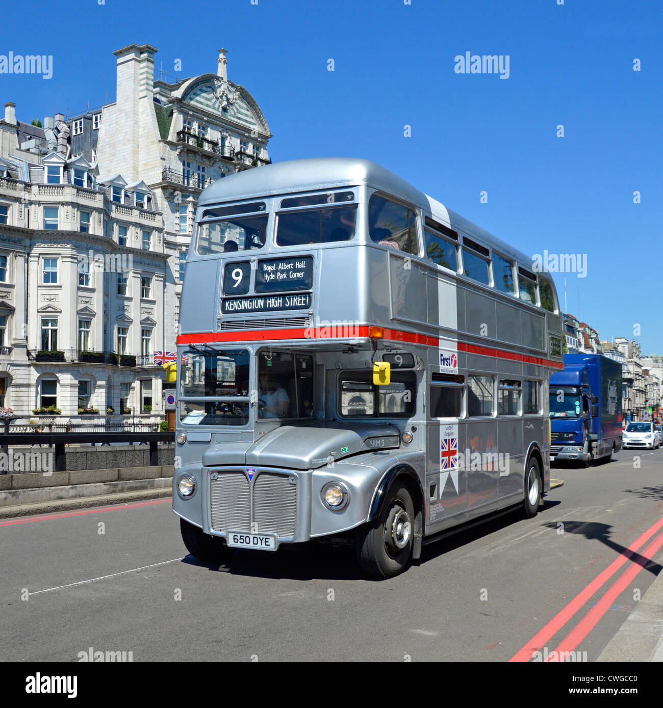 London Routemaster bus painted silver and operated by First group running on route nine Stock Photo