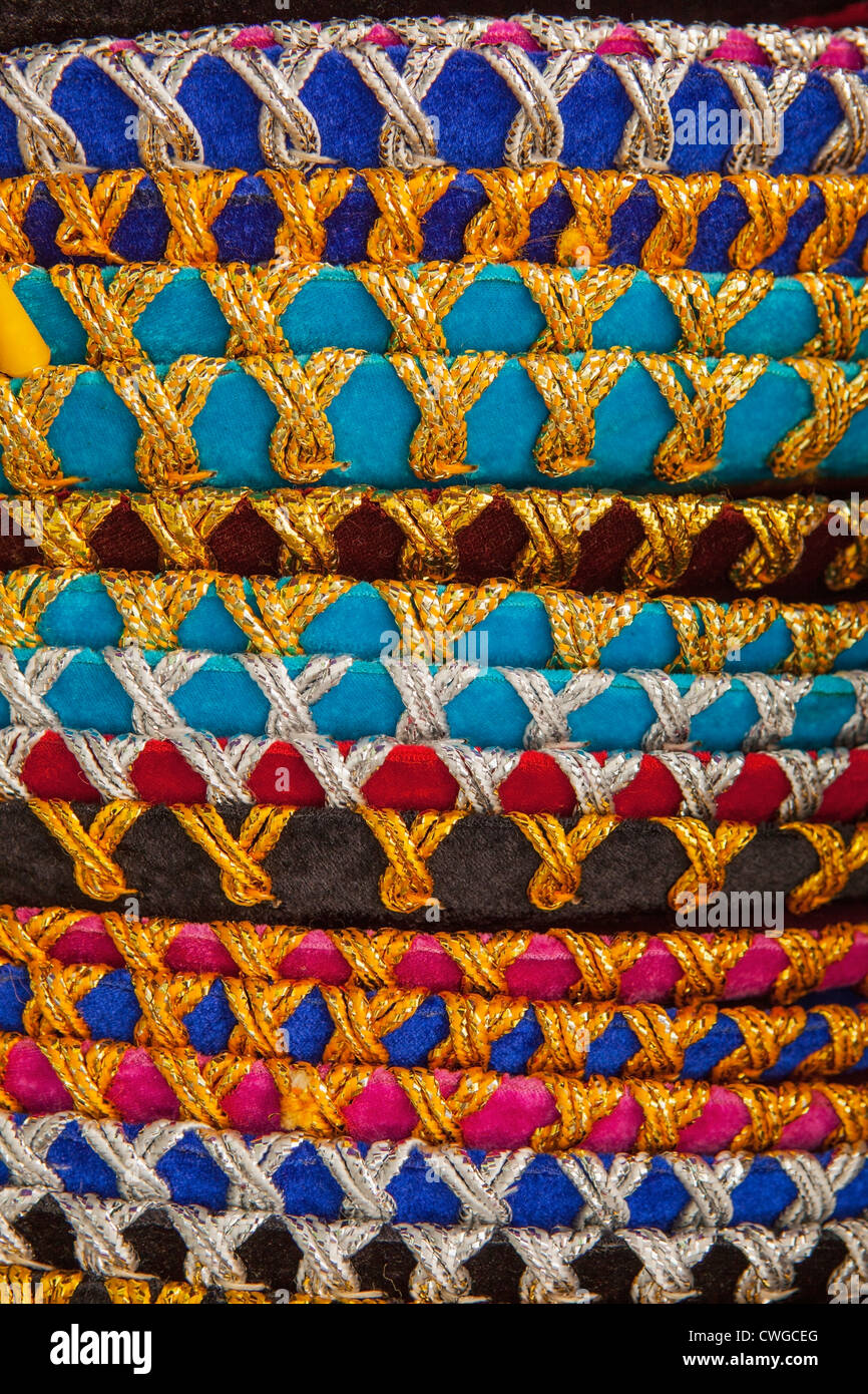 Close-up detail of color stack of sombreros, Market 28 (Mercado 28), Cancun, Yucatan Peninsula, Quintana Roo, Mexico Stock Photo