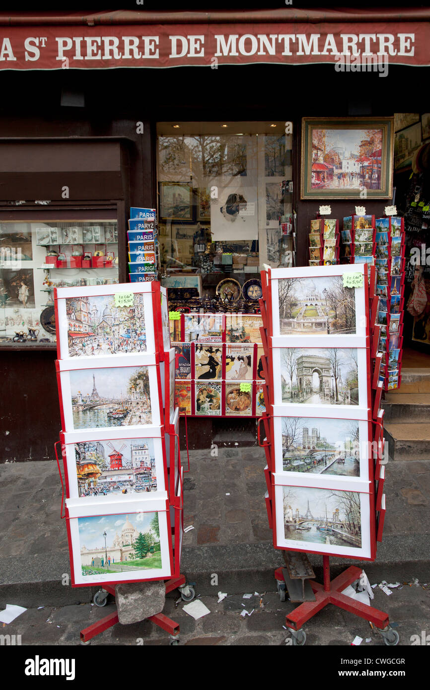 Postcards and pictures on sale at a Montmatre tourist souvenir shop, Paris, France Stock Photo