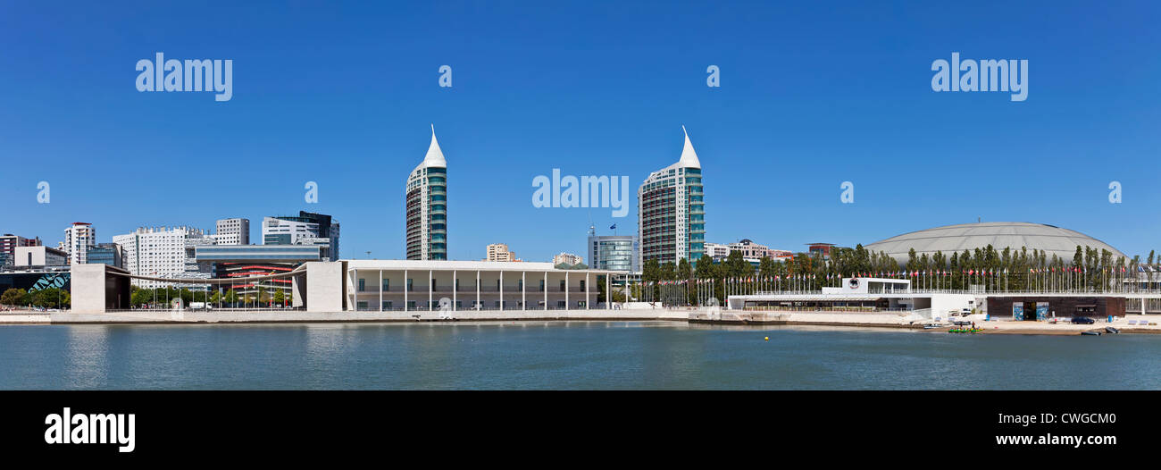 Portuguese Pavilion, Sao Gabriel (L) and Sao Rafael (R) Towers and Atlantico Pavilion. Parque das Nações, Lisbon, Portugal. Stock Photo