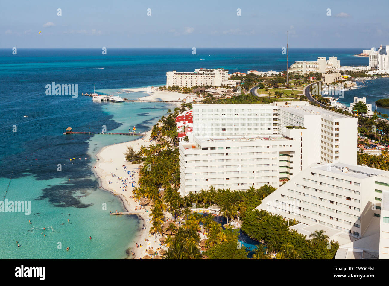 Aerial view of hotel zone, Cancun, Yucatan Peninsula, Quintana Roo, Mexico Stock Photo