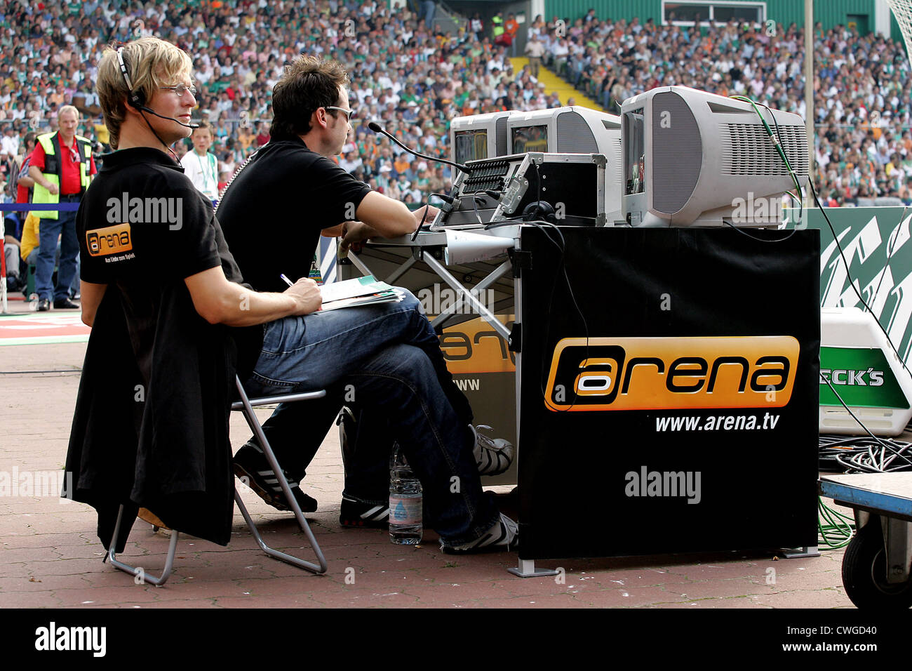 Reporter of the TV channel Arena during a Bundesliga match at the Stock  Photo - Alamy