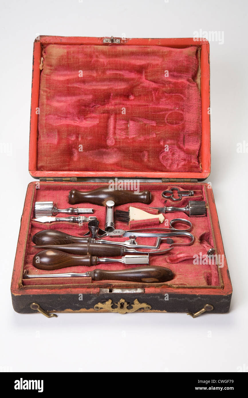 Victorian surgeons medical equipment in a fitted padded case , as exhibited at Thackray's Medical Museum, Leeds, UK Stock Photo