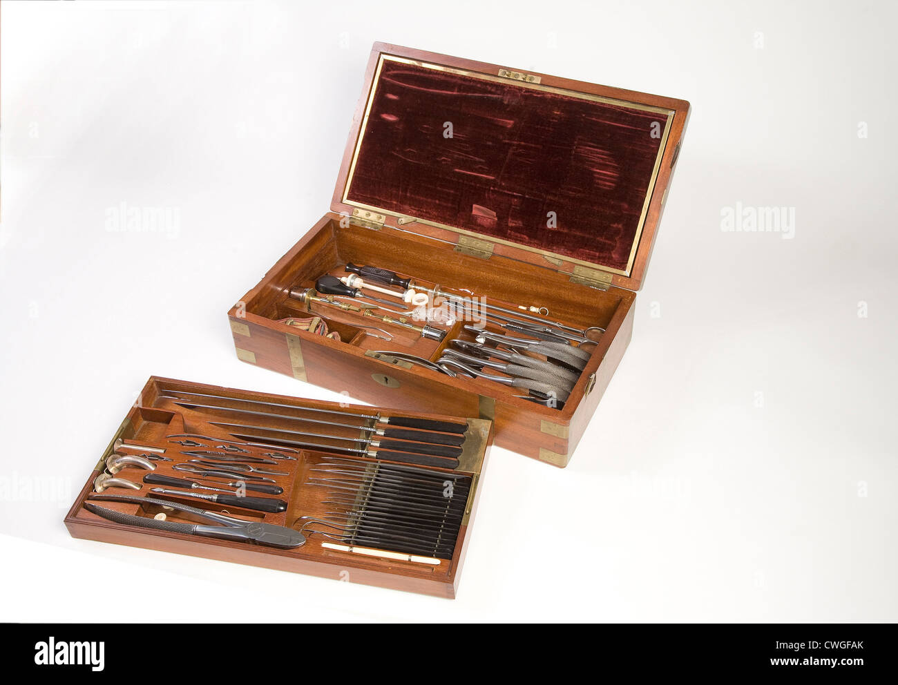 Victorian surgeons medical equipment in a padded case, as exhibited at Thackray's Medical Museum, Leeds Stock Photo