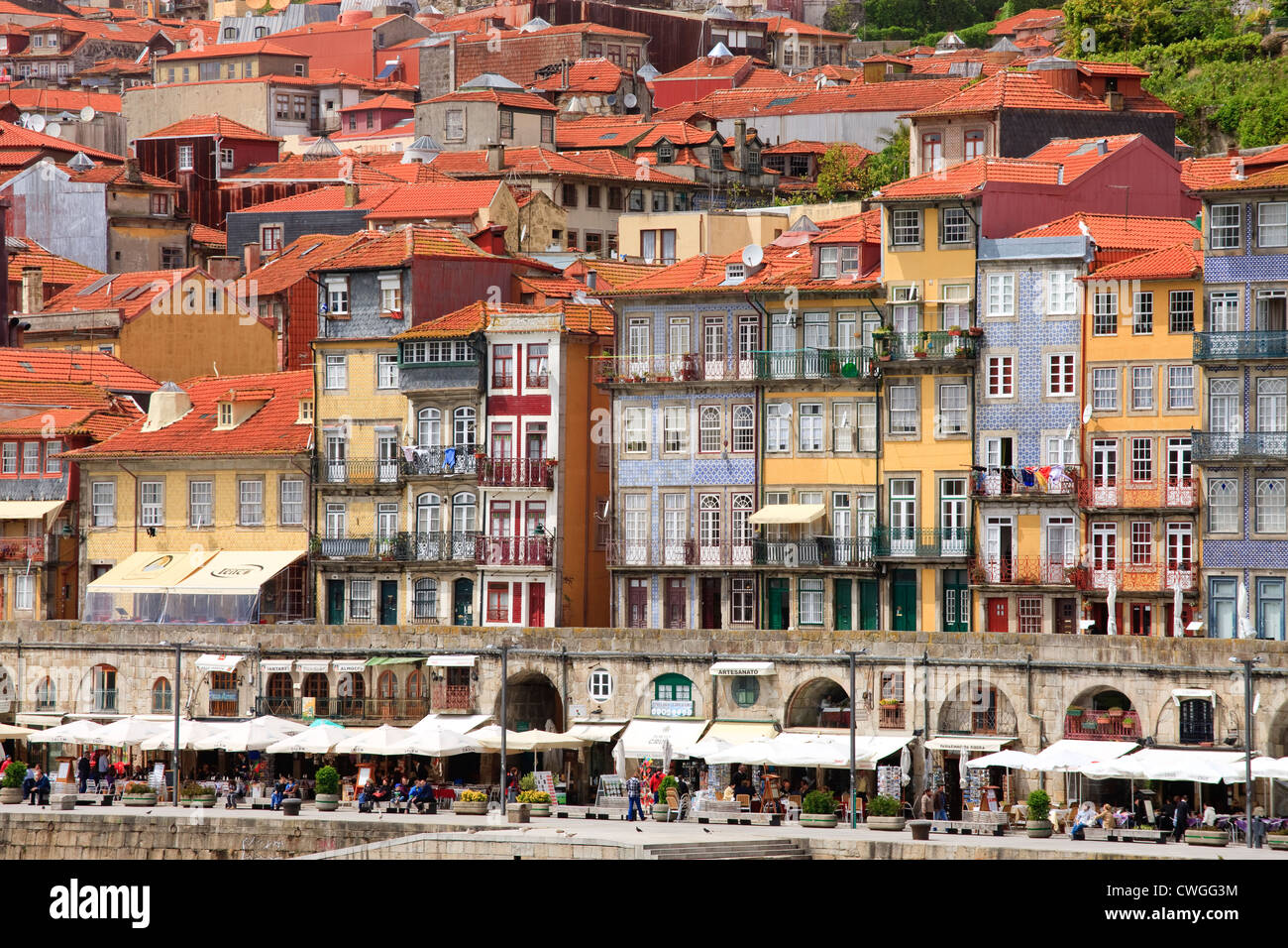 waterfront houses shops and cafes Cais da Ribeira Porto Portugal Stock Photo