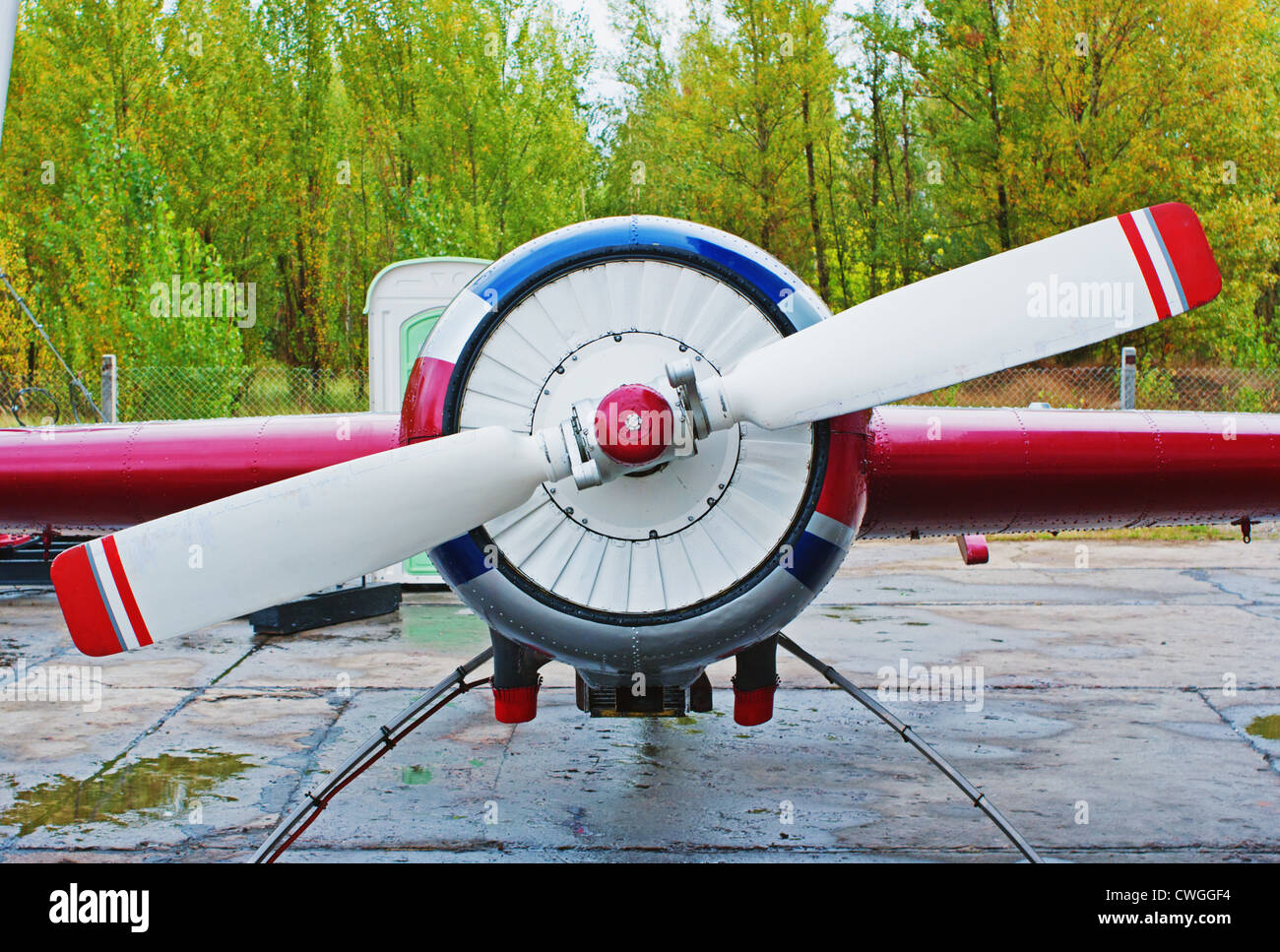 Sport acrobatic monoplane - a view of an engine and propeller. Stock Photo