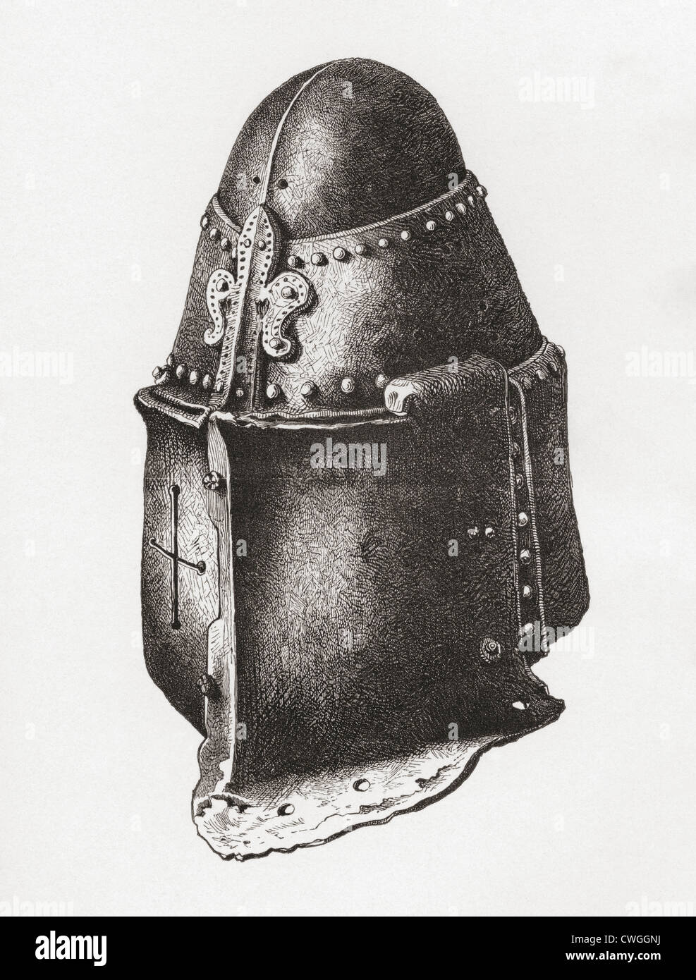 Helmet c. 1350, similar to that of the Black Prince in Canterbury Cathedral but with the Piéce de Renfort on the left side. Stock Photo