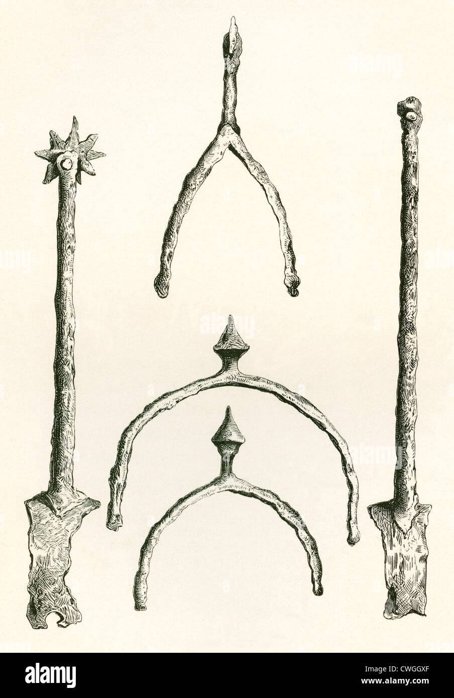 Spurs dating from c.1460 from the Tower Collection. From The British Army: Its Origins, Progress and Equipment, published 1868. Stock Photo