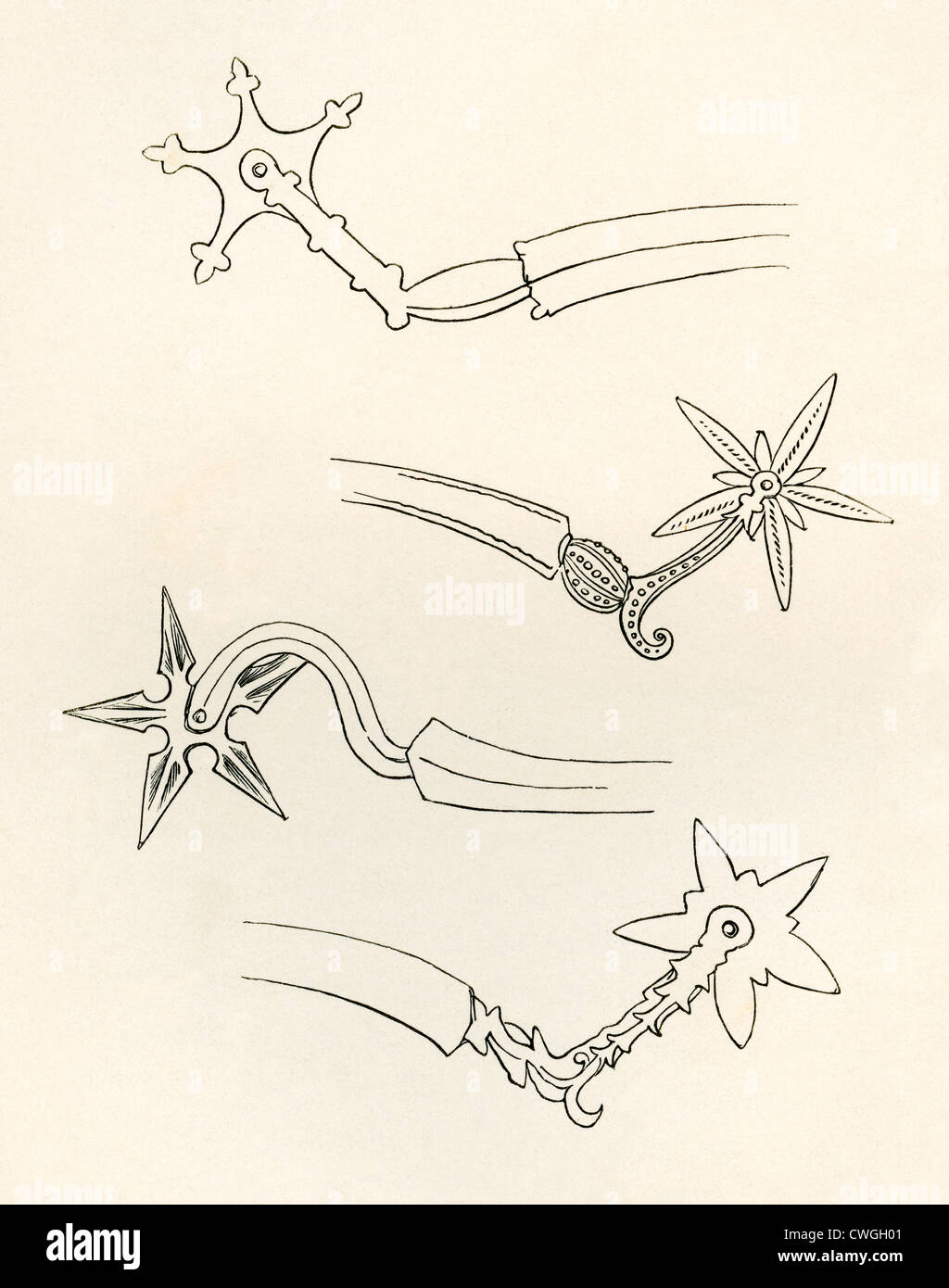 Various spurs dating from c. 1600. From The British Army: Its Origins, Progress and Equipment, published 1868. Stock Photo