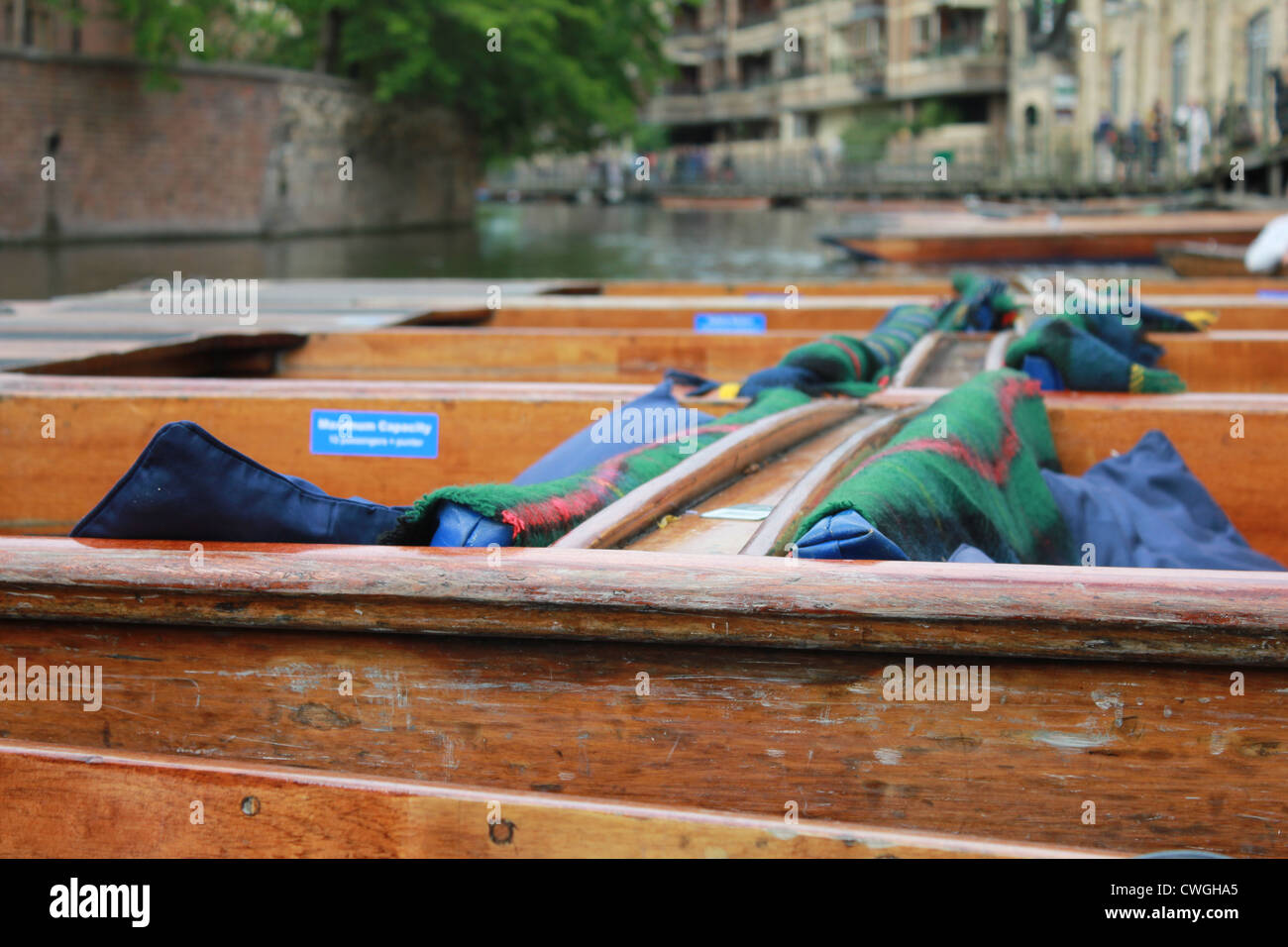 Punting in Cambridge, close up of punts on the river. Stock Photo