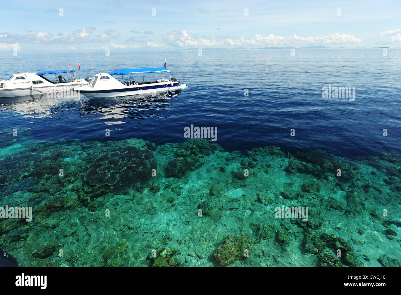 Malaysia, Borneo, Semporna Archipelago, Sipadan, diving boat arriving above transparent sea and corals Stock Photo