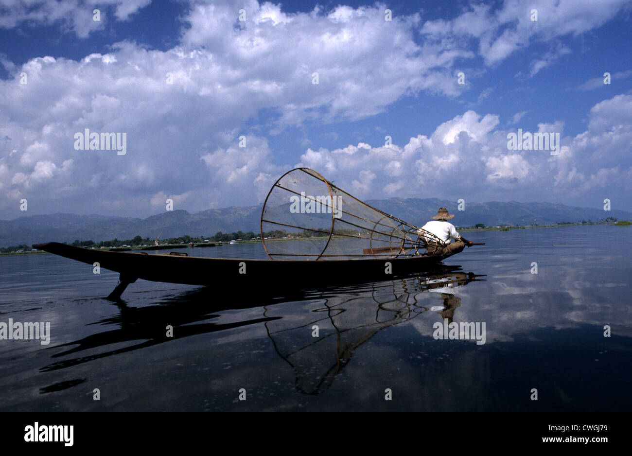 Fishing boat on Inle Lake Stock Photo